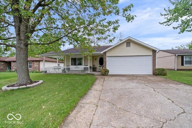 single story home featuring a porch, a garage, a front lawn, and driveway