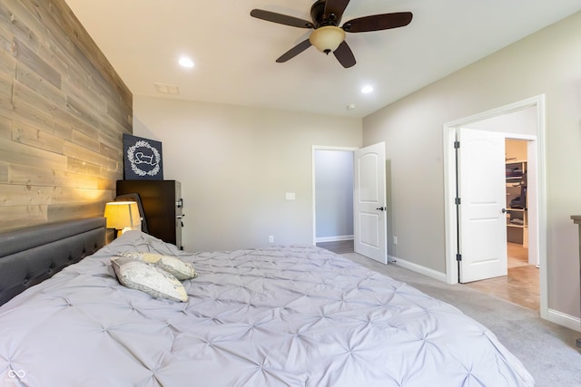 bedroom with ceiling fan, carpet, recessed lighting, baseboards, and visible vents