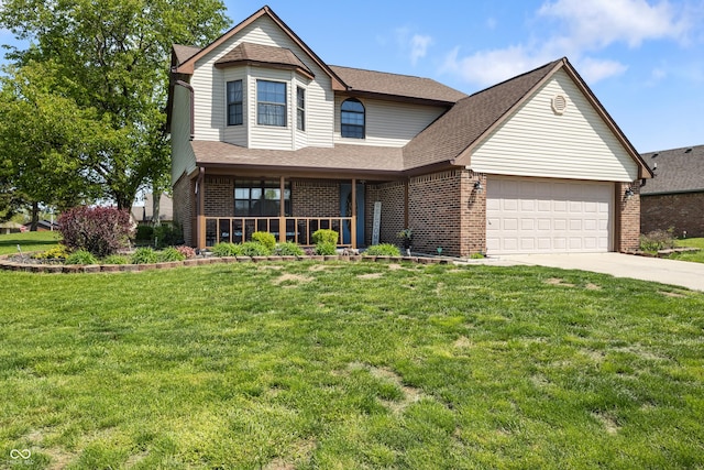view of front of house featuring roof with shingles, an attached garage, a front lawn, brick siding, and concrete driveway