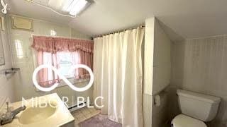 full bath featuring vanity, lofted ceiling, toilet, and curtained shower