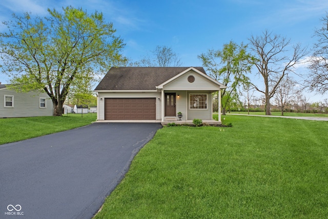 ranch-style house featuring covered porch, driveway, roof with shingles, a front lawn, and an attached garage
