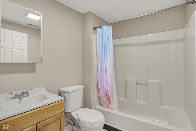 bathroom featuring toilet, shower / bath combo, visible vents, and vanity