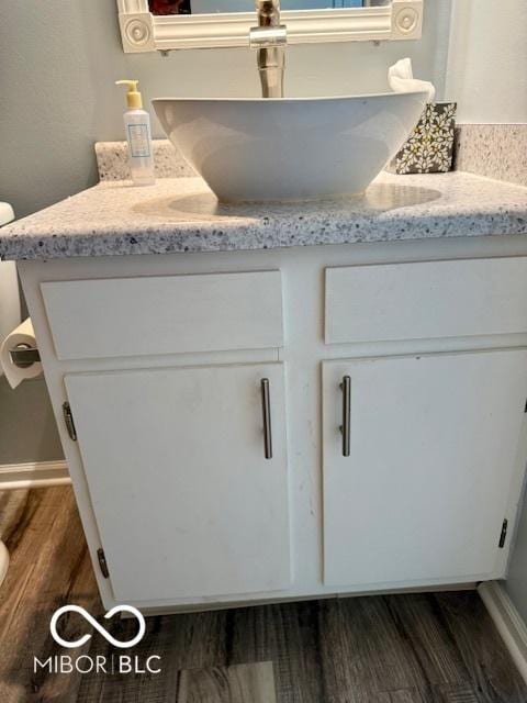 interior details featuring vanity, baseboards, and wood finished floors
