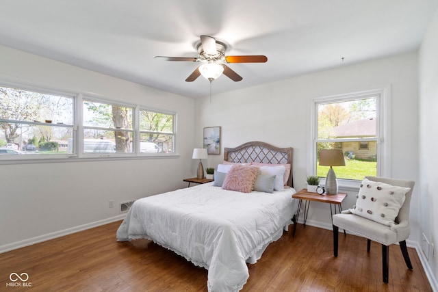 bedroom featuring multiple windows, wood finished floors, and visible vents