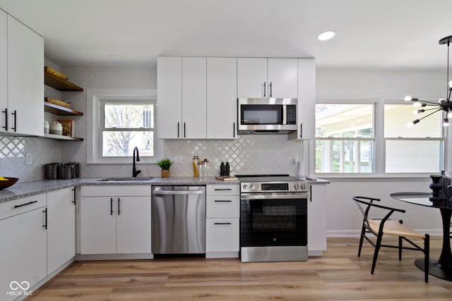kitchen with a sink, white cabinets, open shelves, and stainless steel appliances