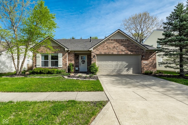 single story home with a garage, a front yard, roof with shingles, brick siding, and concrete driveway