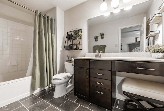 bathroom featuring vanity, shower / tub combo, tile patterned flooring, and toilet
