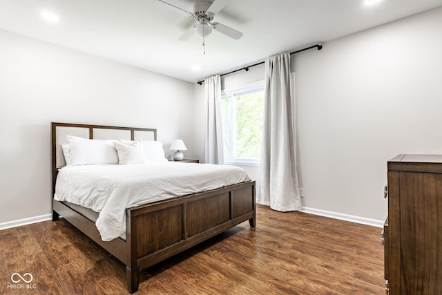 bedroom with baseboards, wood finished floors, recessed lighting, and a ceiling fan
