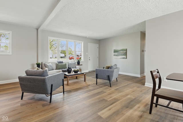 living area featuring baseboards, a textured ceiling, and light wood finished floors