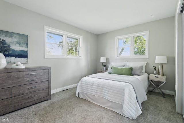 bedroom with carpet, baseboards, and multiple windows