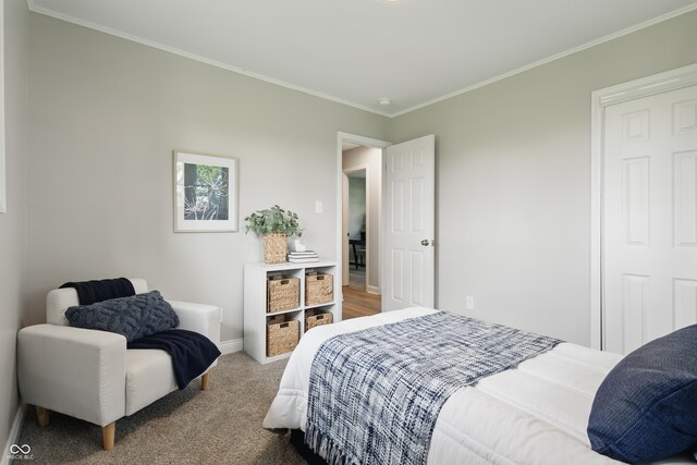 carpeted bedroom with baseboards and crown molding