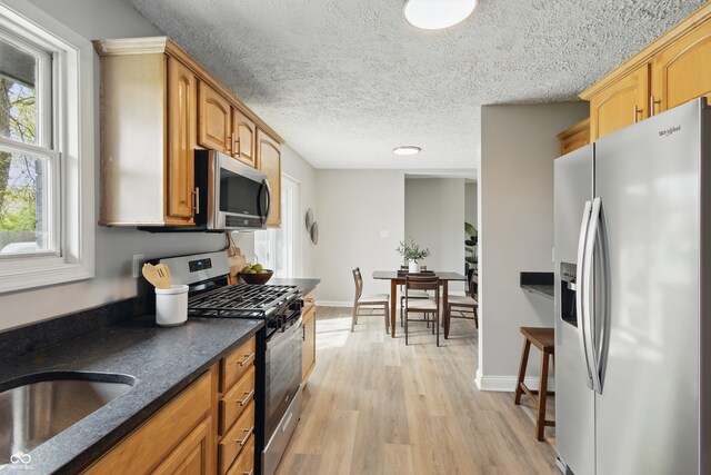 kitchen featuring appliances with stainless steel finishes, a textured ceiling, a healthy amount of sunlight, and light wood-type flooring