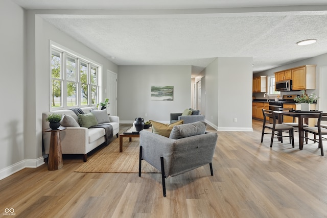 living area with a textured ceiling, baseboards, and light wood-type flooring