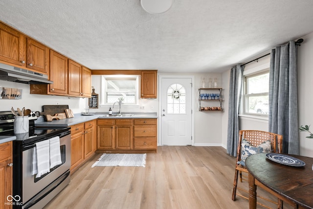 kitchen with stainless steel electric stove, under cabinet range hood, a sink, light wood-type flooring, and a textured ceiling