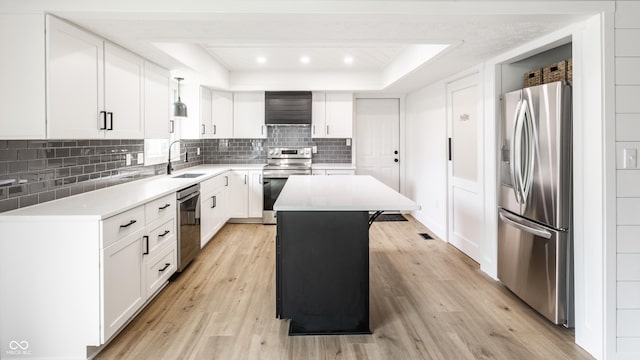 kitchen featuring light wood-type flooring, a tray ceiling, a sink, backsplash, and stainless steel appliances
