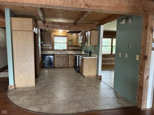 10770 W 650 S, Columbus, IN 47201 - kitchen featuring wood ceiling, range with electric cooktop, dishwasher, light countertops, and a wealth of natural light