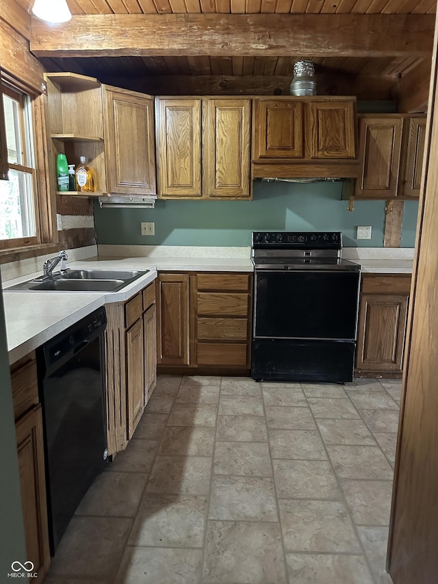 10770 W 650 S, Columbus, IN 47201 - kitchen featuring a sink, black appliances, wooden ceiling, and beamed ceiling