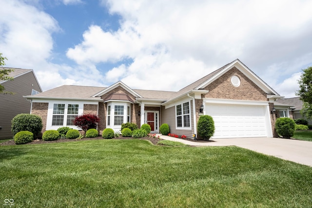 single story home with brick siding, an attached garage, concrete driveway, and a front lawn