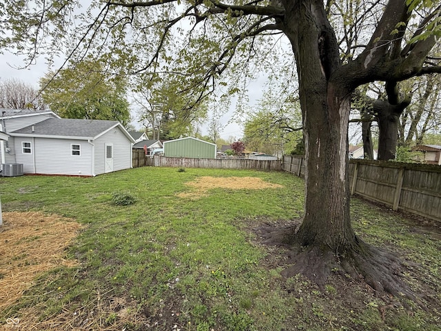 view of yard with central air condition unit and a fenced backyard