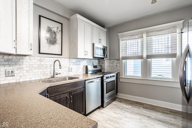 kitchen featuring decorative backsplash, white cabinetry, a sink, light wood-style flooring, and stainless steel appliances