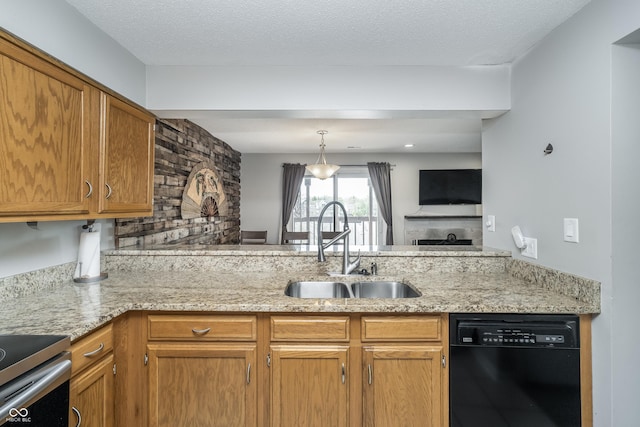 8140 Shorewalk Dr Unit C, Indianapolis, IN 46236 - kitchen featuring light stone countertops, brown cabinets, dishwasher, a sink, and a peninsula