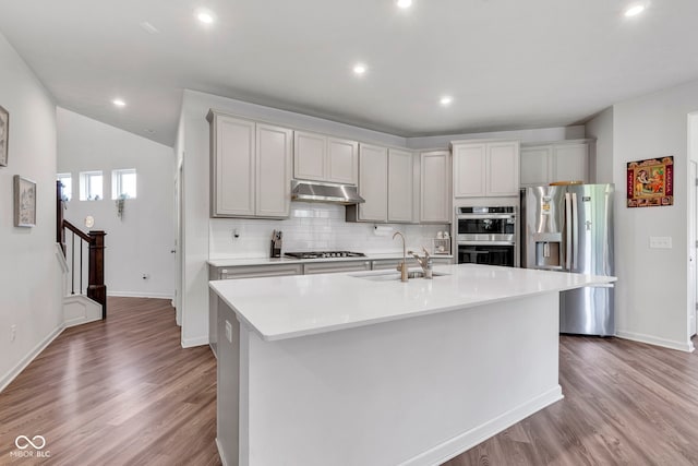 15120 Downham Dr, Fishers, IN 46037 - kitchen with under cabinet range hood, appliances with stainless steel finishes, a sink, and wood finished floors