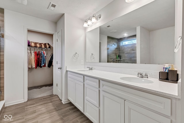 15120 Downham Dr, Fishers, IN 46037 - bathroom with a sink, a walk in closet, tiled shower, and wood finished floors