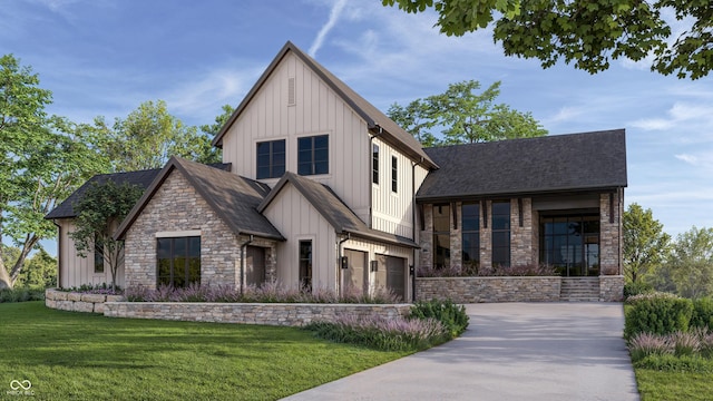 1509 Chatham Rdg Ct, Westfield, IN 46074 - view of front of home with an attached garage, a front lawn, stone siding, board and batten siding, and driveway