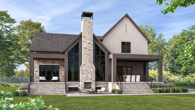 1509 Chatham Rdg Ct, Westfield, IN 46074 - back of property with roof with shingles, a fireplace, stone siding, board and batten siding, and a lawn