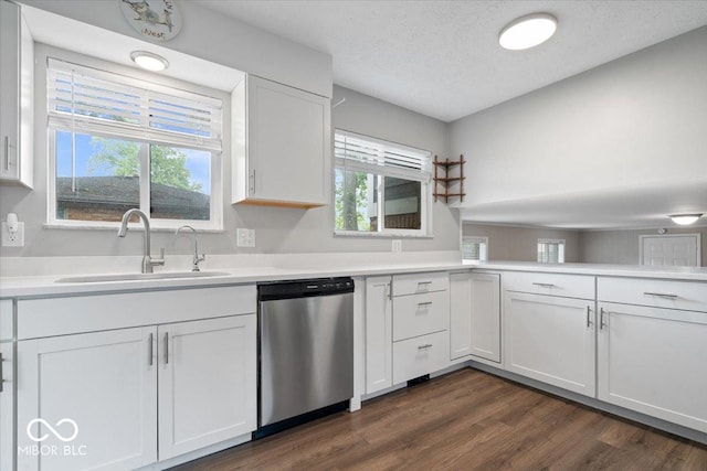 5719 Laurel Hall Dr, Indianapolis, IN 46226 - kitchen featuring stainless steel dishwasher, a sink, white cabinets, dark wood finished floors, and light countertops