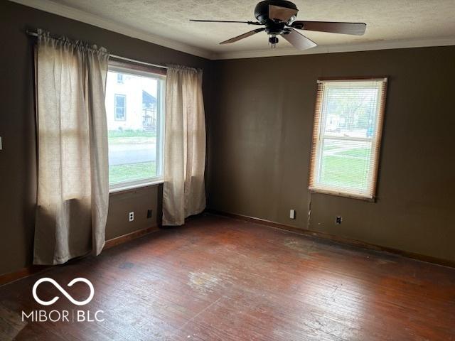 empty room featuring crown molding, a wealth of natural light, and wood finished floors