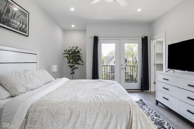 2226 Central Ave, Indianapolis, IN 46205 - bedroom featuring recessed lighting, access to exterior, a ceiling fan, and wood finished floors