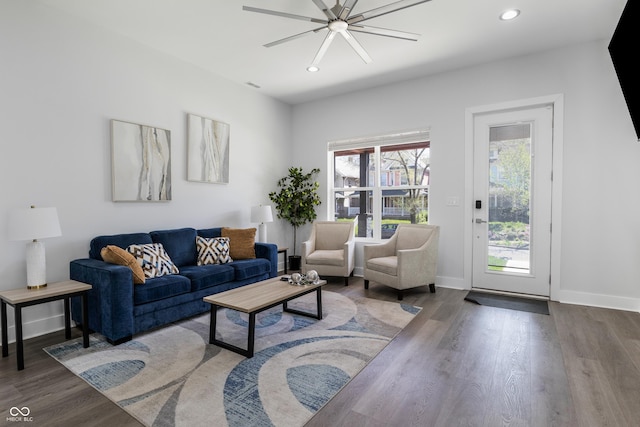 2226 Central Ave, Indianapolis, IN 46205 - living area with wood finished floors, ceiling fan, recessed lighting, and baseboards