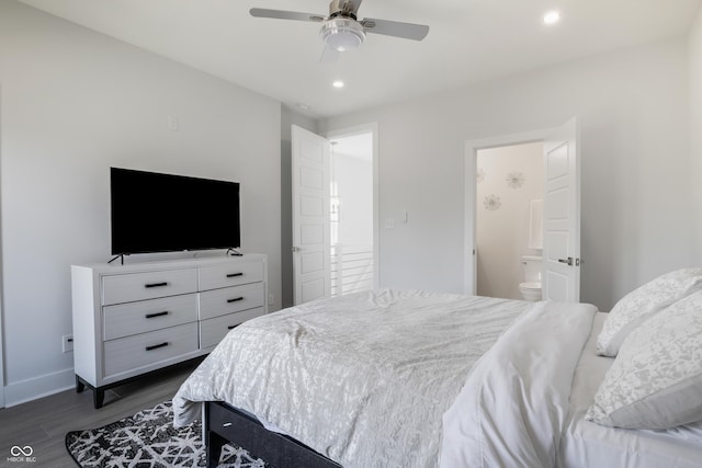 2226 Central Ave, Indianapolis, IN 46205 - bedroom featuring ceiling fan, ensuite bathroom, baseboards, dark wood-style flooring, and recessed lighting