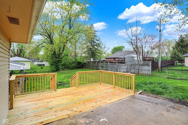 wooden terrace featuring a fenced backyard and a lawn