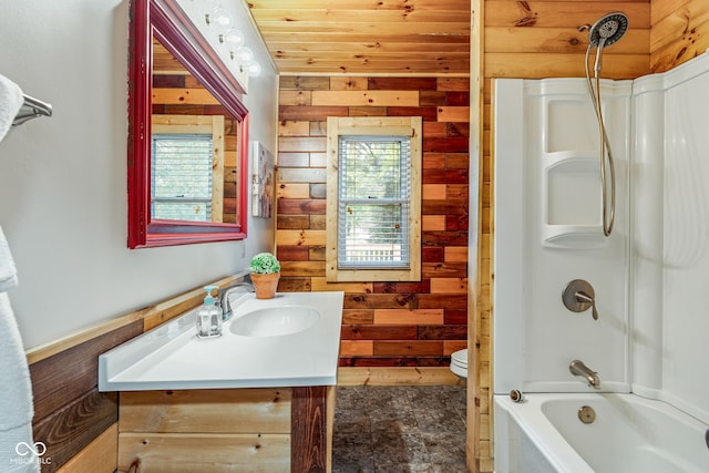840 N Indiana St, Mooresville, IN 46158 - bathroom with wooden walls, vanity, toilet, and shower / bath combination