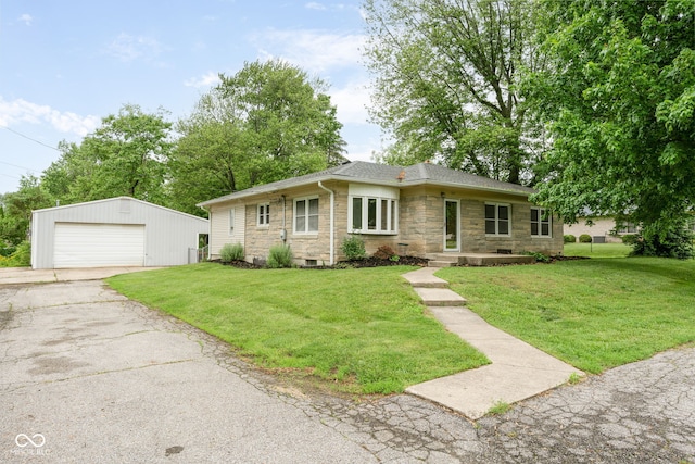 840 N Indiana St, Mooresville, IN 46158 - ranch-style house featuring stone siding, a garage, an outbuilding, and a front yard
