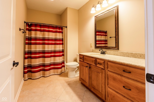 full bath featuring toilet, tile patterned floors, a shower with shower curtain, and vanity