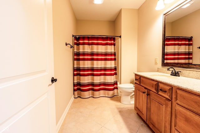 full bathroom with vanity, tile patterned flooring, toilet, and curtained shower