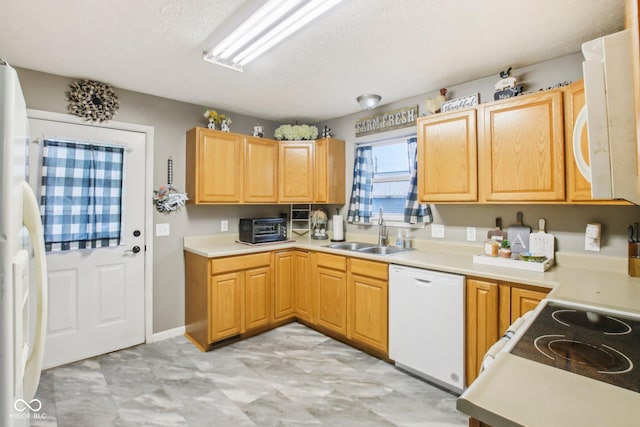 kitchen with a toaster, light countertops, a sink, and white appliances