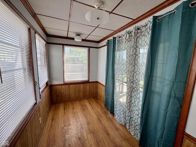 interior space with wainscoting, wooden walls, light wood-style floors, and ornamental molding