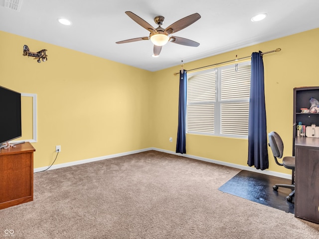 unfurnished office with recessed lighting, ceiling fan, visible vents, carpet, and baseboards