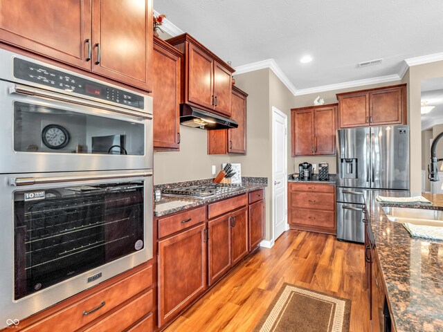 kitchen with ornamental molding, a sink, stainless steel appliances, and under cabinet range hood