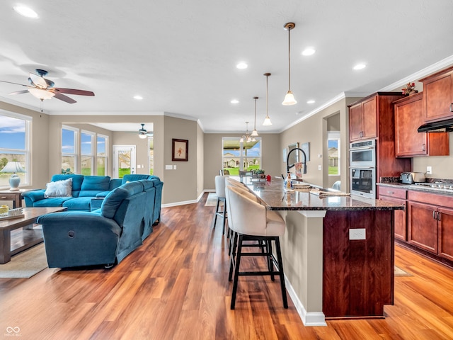 kitchen featuring a kitchen bar, crown molding, a ceiling fan, light wood-style flooring, and appliances with stainless steel finishes