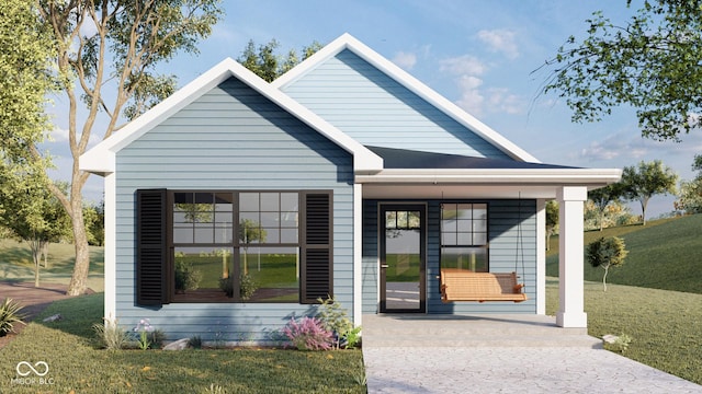 bungalow-style house with a porch and a front lawn