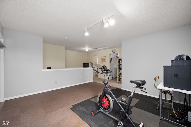 8211 Firefly Way, Indianapolis, IN 46259 - workout area with a textured ceiling, carpet floors, baseboards, and rail lighting