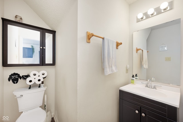 8211 Firefly Way, Indianapolis, IN 46259 - bathroom with lofted ceiling, vanity, toilet, and a textured ceiling