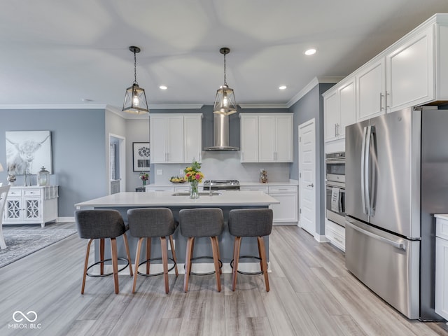 3697 Chalmers Dr, Bargersville, IN 46106 - kitchen featuring stainless steel appliances, wall chimney range hood, ornamental molding, light countertops, and a breakfast bar