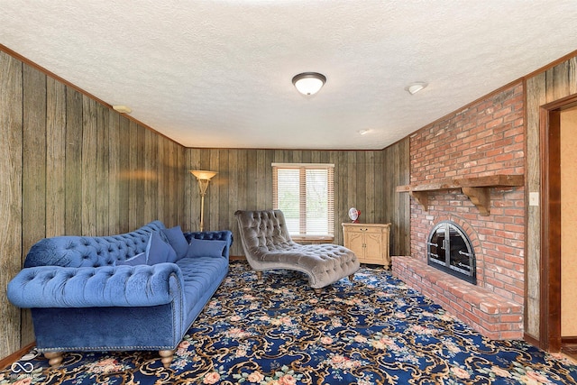 7901 Oaklandon Rd, Indianapolis, IN 46236 - living room with wooden walls, a fireplace, and a textured ceiling