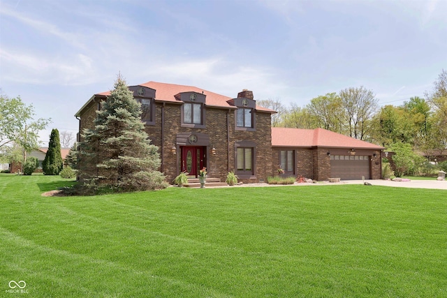 7901 Oaklandon Rd, Indianapolis, IN 46236 - french country style house featuring an attached garage, a chimney, driveway, and a front yard